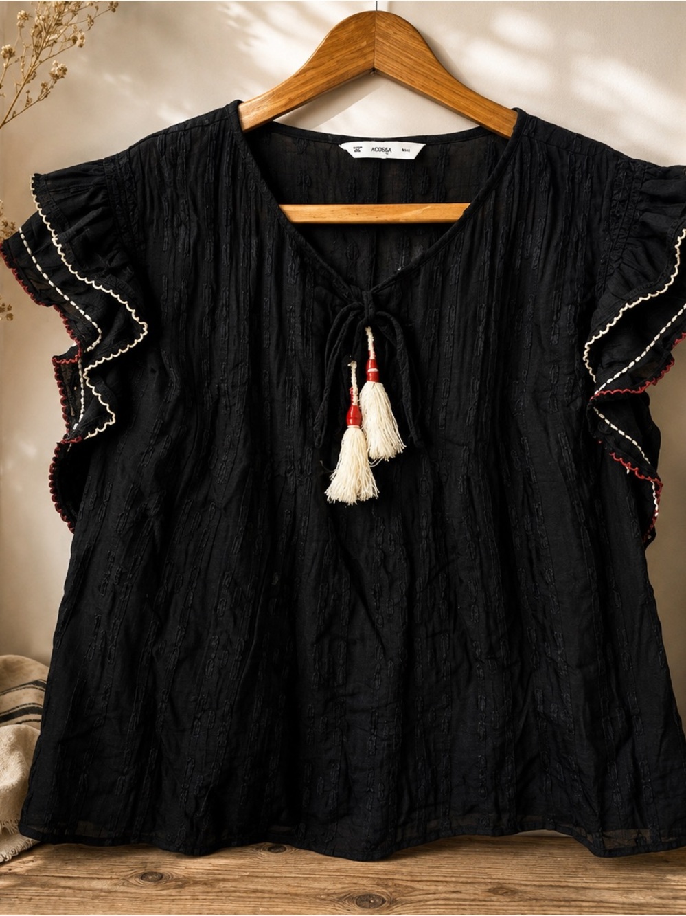 ACOS&A Black Textured Ruffle Sleeve Tassel Tie Boho Blouse Medium